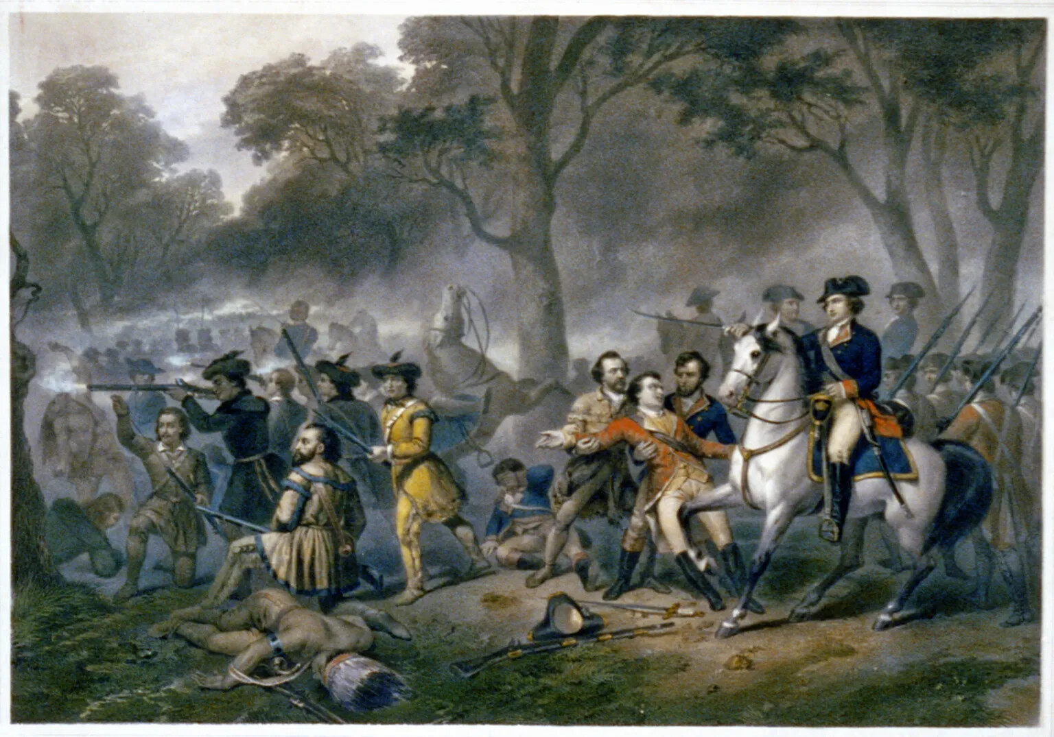 A colored painting of a group of soldiers marching through a forest. A man with a blue coat sits on top of a white horse on the right side of the drawing and points off into the distance, towards the left side of the drawing. Some of the soldiers run towards or point their muskets at the left side of the drawing as well.