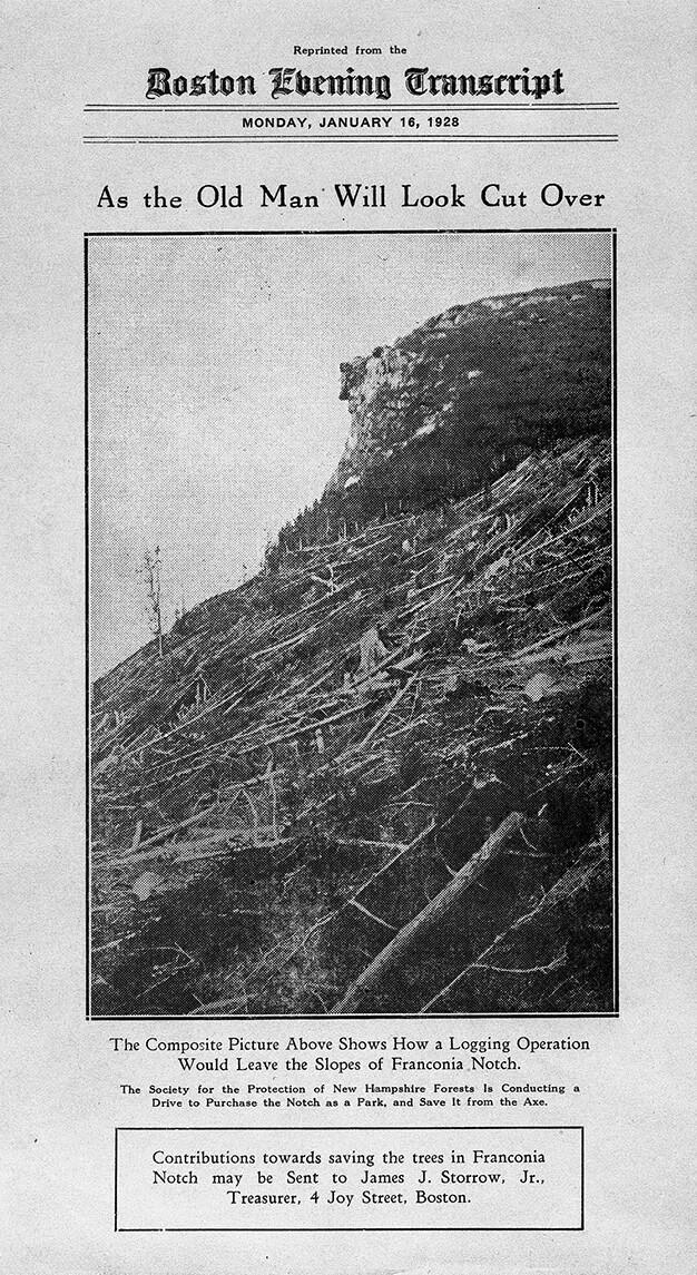A vertical poster featuring black typed text, and a black and white photograph. Text above the photograph reads "As the Old Man Will Look Cut Over." The photograph shows a mountain, with a cliff in the shape of a man's face, with the sides of the mountain full of cut-down trees.