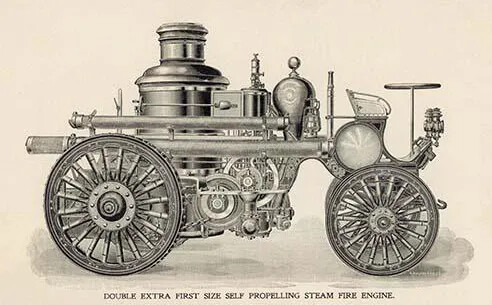 A black and white drawing of the side of a fire engine. The fire engine has a large wheel in the back and a slightly smaller wheel in the front. A large basin sits among gears in the back of the fire engine. There is a single seat at the front, placed behind a large horizontal steering wheel.