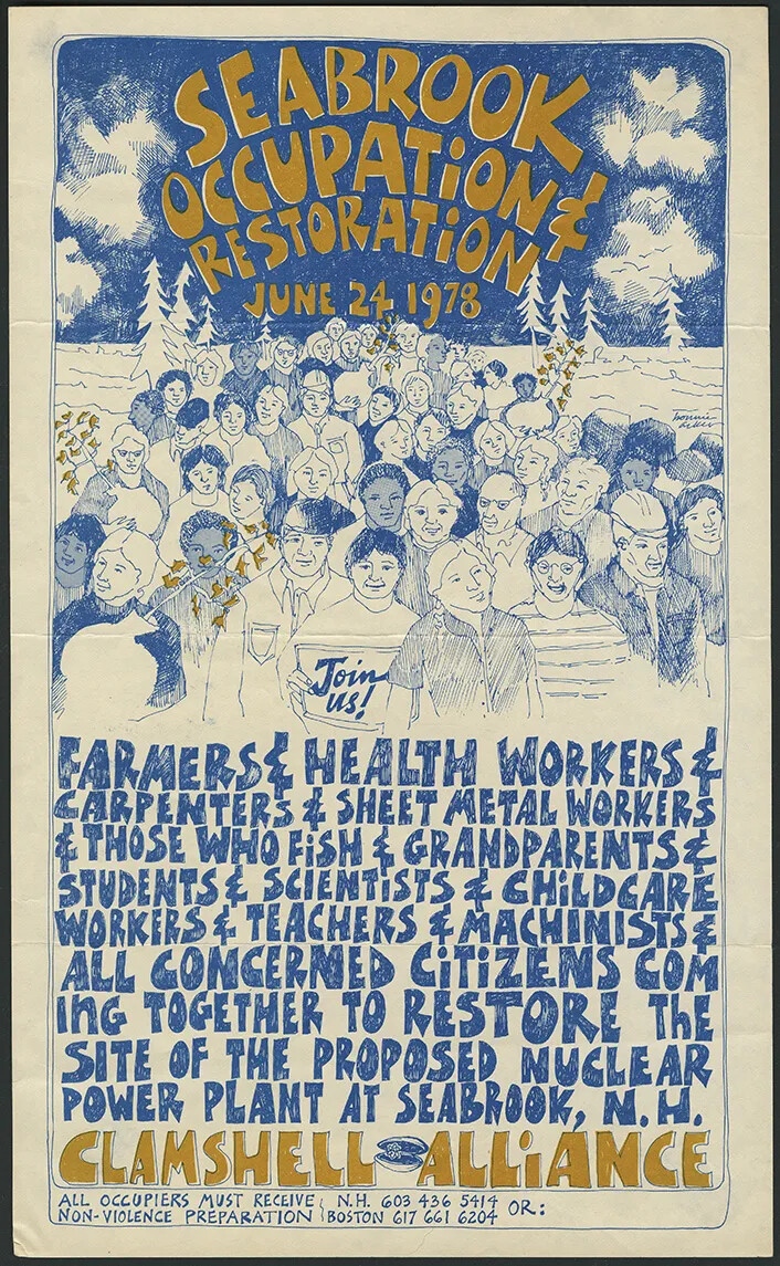 A vertical colored poster, with drawings and text in blue and gold lettering. The title of the poster, located along the upper border in gold text, reads: "SEABROOK/OCCUPATiON &/RESTORATION/June 24, 1978." Beneath the title is a drawing in blue and white of a group of people. 