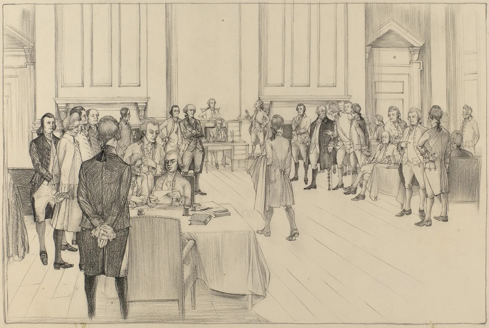 A black and white drawing of a large room with no windows full of seated and standing white men in collared shirts and vests, long coats, knee-length pants, long stockings, and buckled shoes. Some of the men sit at tables that have lots of documents on them.
