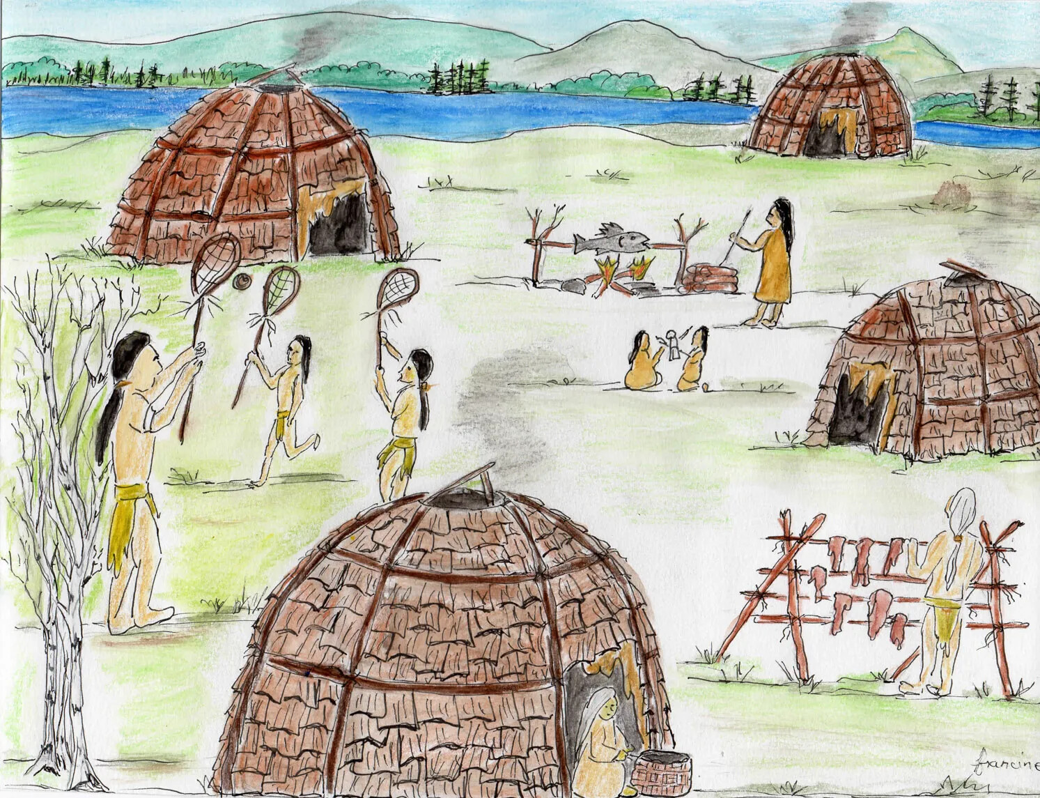 A colored drawing of a group of people in a village. The people are grouped together doing different activities, such as playing a game with a ball and large sticks with nets attached to the ends, playing with a doll, cooking fish over a fire, hanging animals skins out to dry, or weaving a basket. All of the men wear yellow pieces of cloth over the lower halves of their bodies and the women wear yellow dresses. There are domed buildings placed around the village, with smoke coming out of small openings in the roof. 
