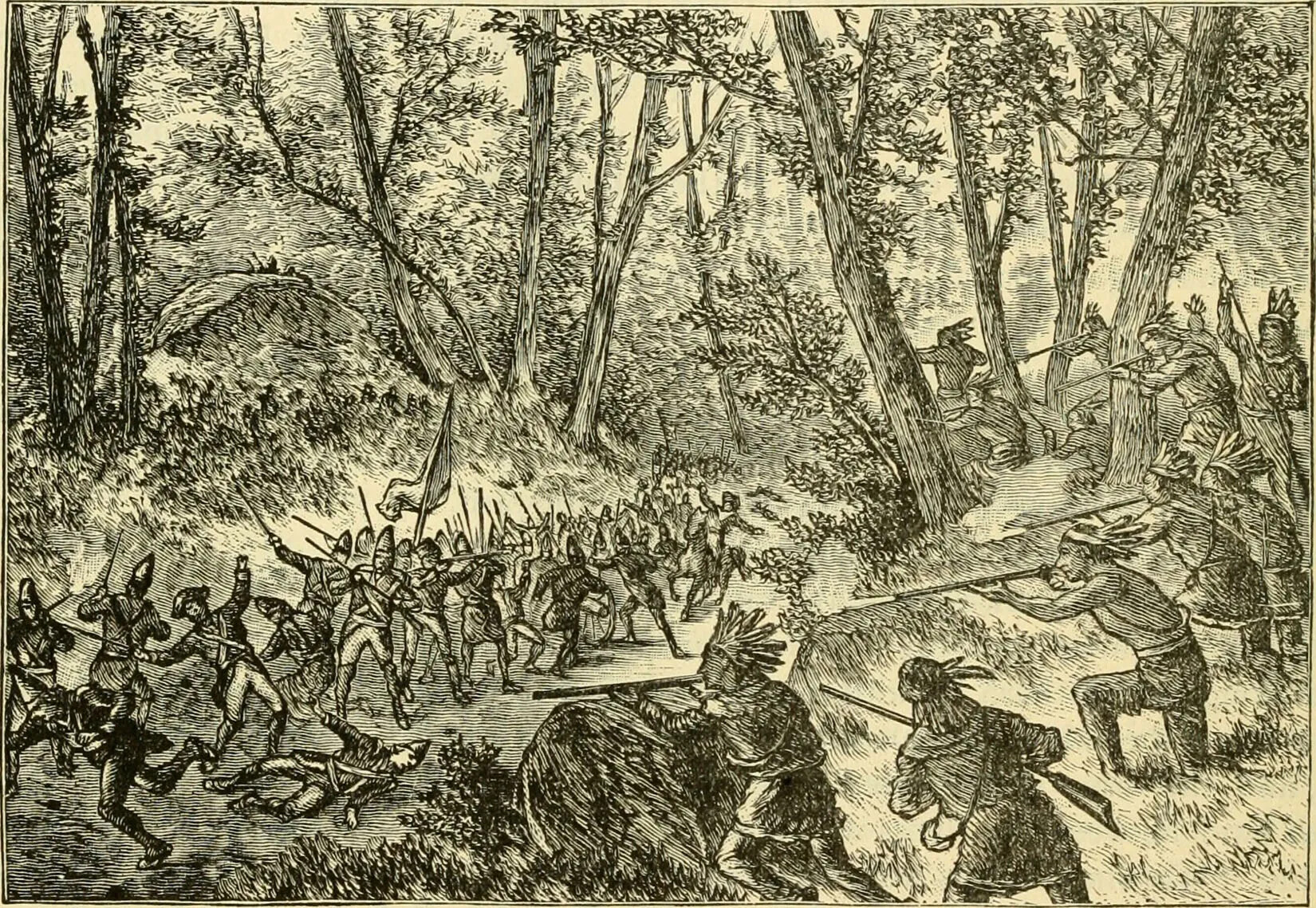 A black and white drawing of two groups of peole fighting with muskets in a forest. The group on the right side of the drawing wears feathered headresses and loose-fitting shirts and pants. The group on the left wears jackets with an X-design on the front, pointed hats, knee-length pants, and boots.