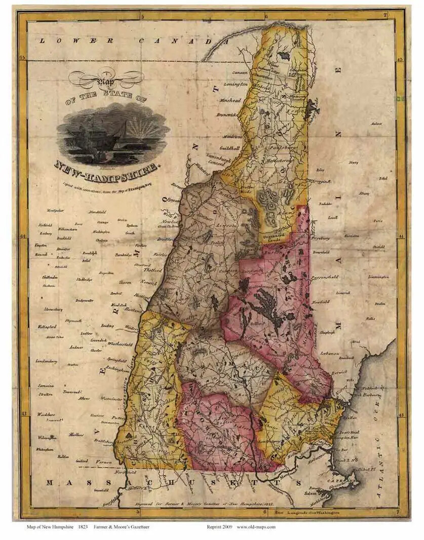 In this historic map of New Hampshire, the seven counties of New Hampshire are different colors and labeled. On the state's borders, "Lower Canada," Massachusetts, Maine and Vermont are labeled. All towns are outlined, and some are labeled. Rivers and bodies of water are noted. The title "Map of the State of New-Hampshire" is in the upper left corner; the words circle a drawing of the sun rising over a water scene. 