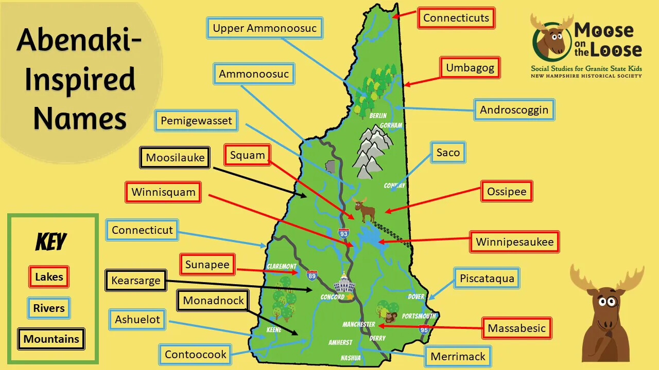 A colored map of New Hampshire. Arrows in red, blue, and black label many of the map's rivers, lakes, town names, and other physical features. Attached to each arrow is a box in either red, blue, or black, and there is a word in black text placed inside the box. The title of the map, placed in the upper left-hand corner, is labeled: "Abenaki-/Inspired/Names." The map's key, placed in a green box in the lower left-hand corner, contains the words "KEY/Lakes (placed in a red box), Rivers (placed in a blue box), Mountains (placed in a black box)."