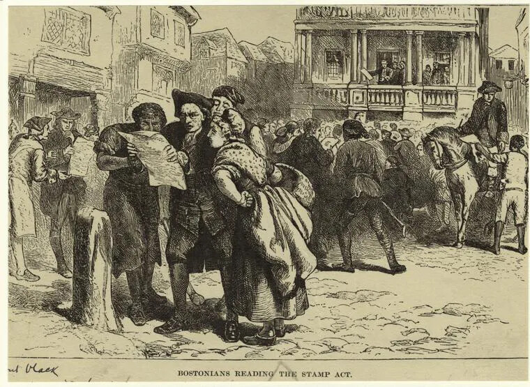 A black and white drawing of a group of people standing in a clearing between several buildings. Several people stand with their backs of the viewer, looking up at a man holding a document on a building's balcony. Two smaller groups of people, one with two men and one with three men and one woman, face the viewer, looking  at a document. The title of the drawing, located along the bottom border of the drawing, reads: "BOSTONIANS READING THE STAMP ACT."