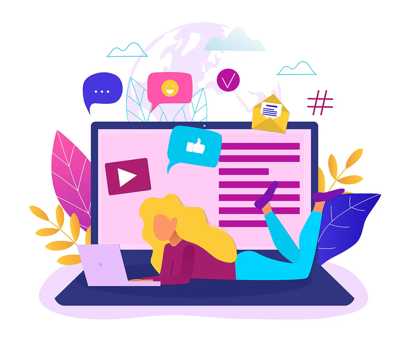 A colored cartoon drawing of a woman with long yellow hair, who is lying on her stomach and looking at a laptop. In the background is a larger-than-life laptop, with clip art images of text messages and emojis popping out from the screen.