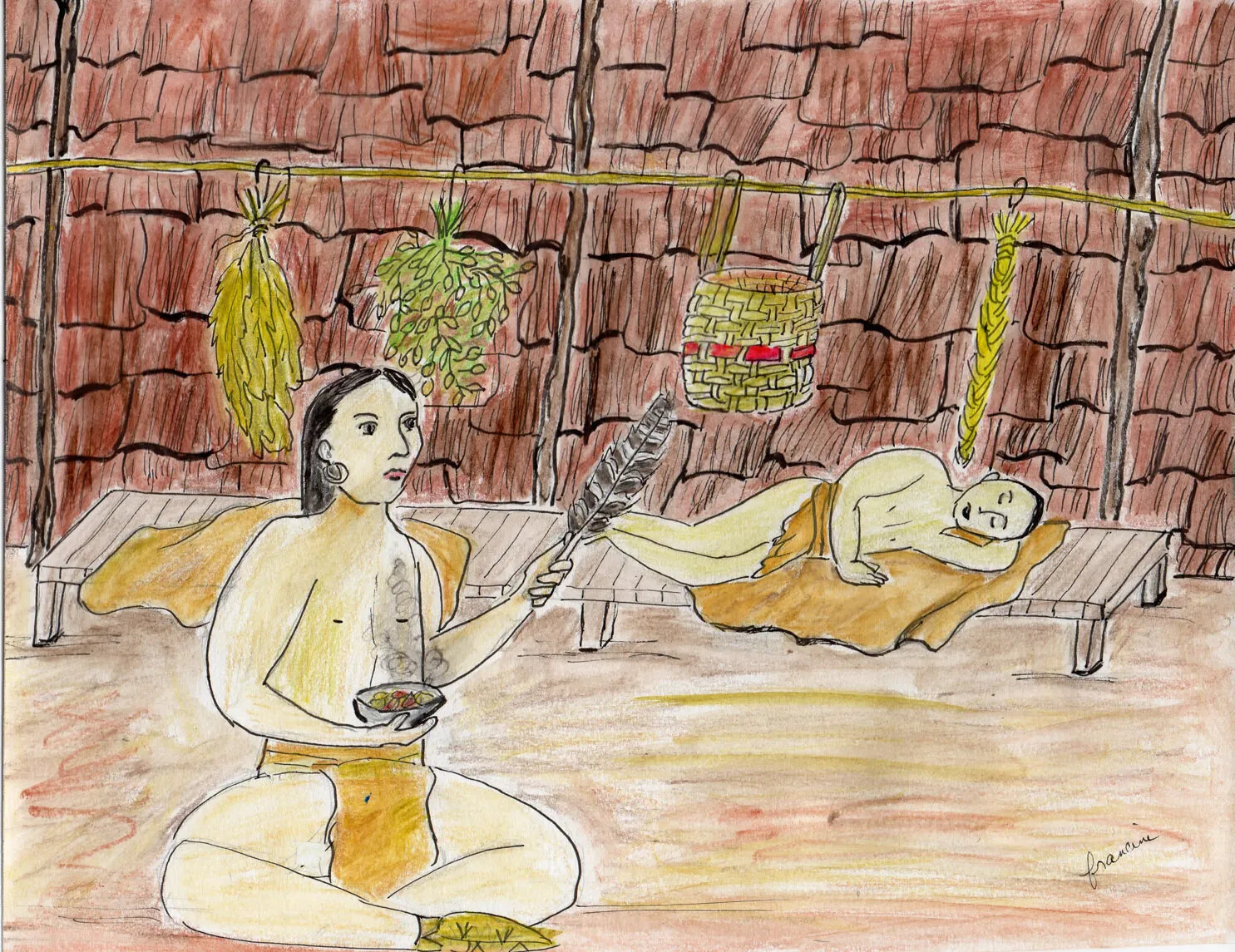 A colored drawing of a man seated on the ground. He holds a bowl filled with steaming items and a feather in his hands. Behind him is a man sleeping on a piece of leather that has been draped over a wooden bench. Above the sleeping man hangs herbs and baskets on a rack. Both men wear yellow pieces of cloth over the lower halves of their bodies.