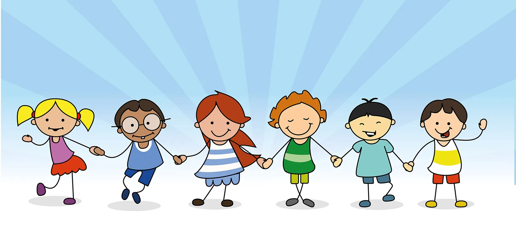 A colored drawning of children drawn as stick-figures. All of the children hold hands and stand in a straight line.