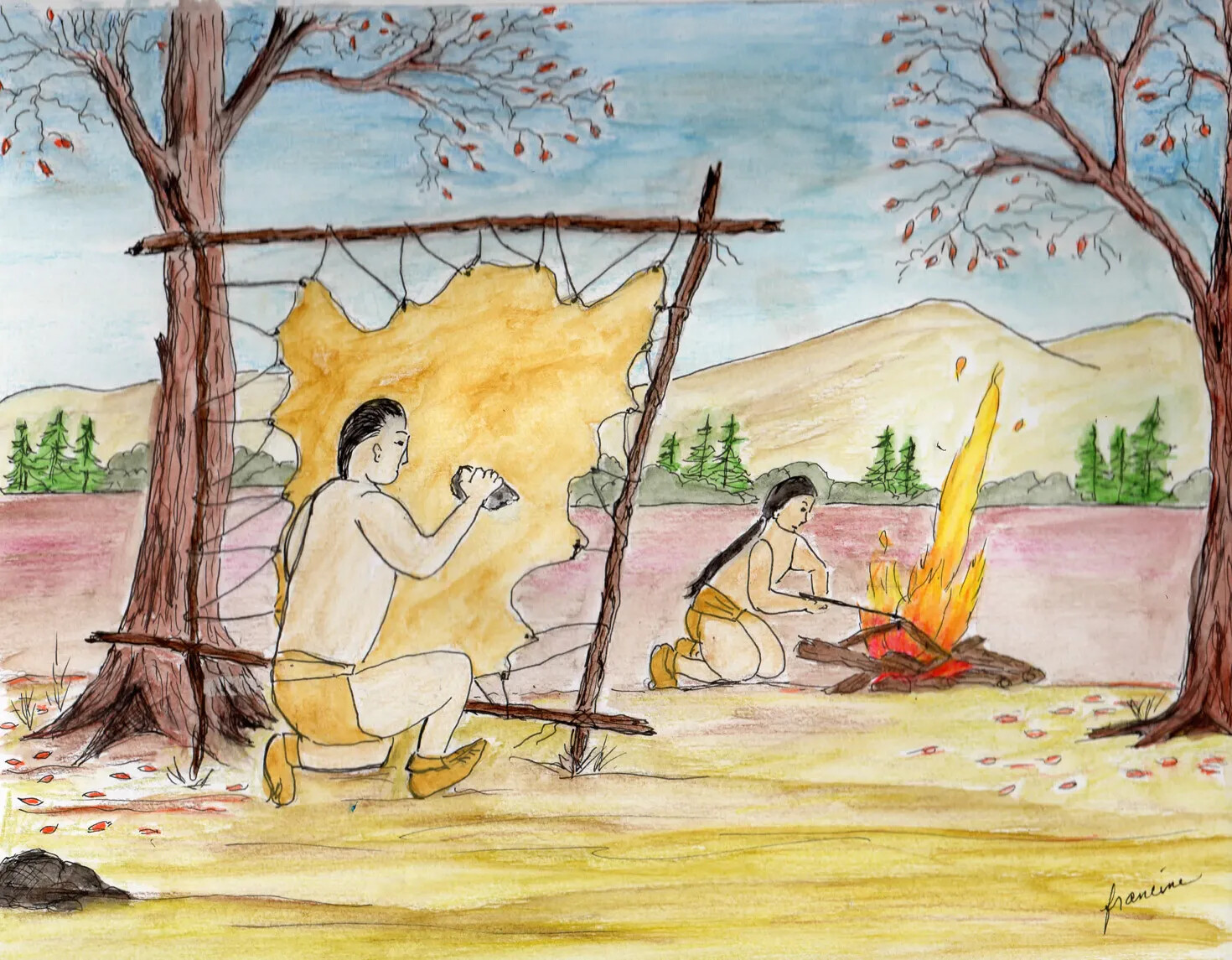 A colored drawing of twp people working in a wooded area. One person holds a rock against a piece of tan-colored animal skins, and the other person sits in the background, stoking a fire. Both people wear tan-colored pieces of cloth over the lower halves of their bodies and tan-colored moccasins on their feet.