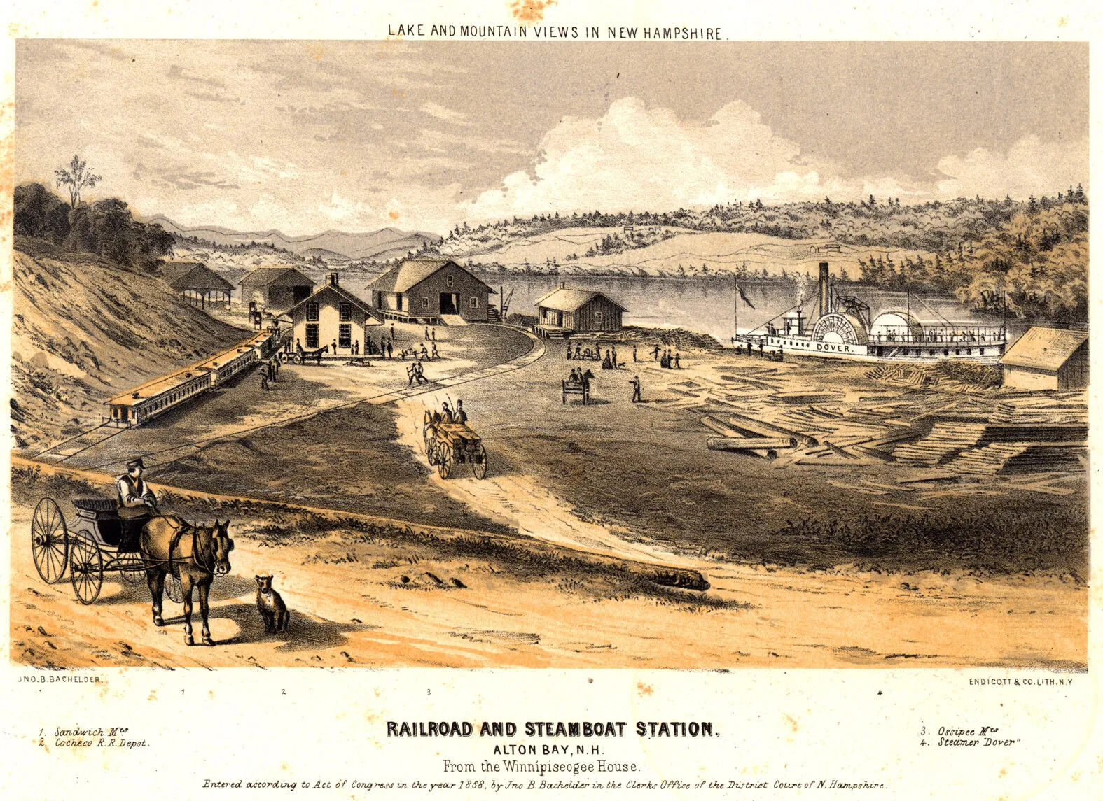 A colored painting of a large flat area in front of a body of water. The land is bordered by several two-storied buildings, positioned near the water. On the right side of the drawing are large log piles and a white steamship. Several groups of people stand or ride on horse-drawn carriages in front of the buildings. Words that appear above the painting read: "LAKE AND MOUNTAIN VIEWS IN NEW HAMPSHIRE" while the title of the painting, located along the bottom border, reads: "RAILROAD AND STEAMBOAT STATION/ALTON BAY, N.H."