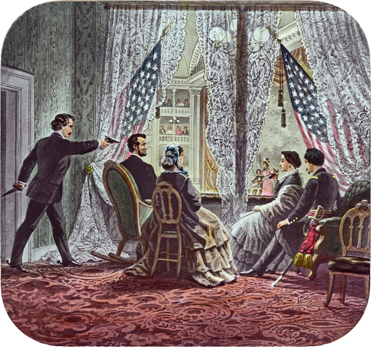 A colored painting of two men and two women sitting in chairs, facing away from the viewer. They all look at a performance that is happening on a stage in front of them. In the left-hand corner of the painting is a third man, who aims a small gun at the head of the man sitting closest to him.