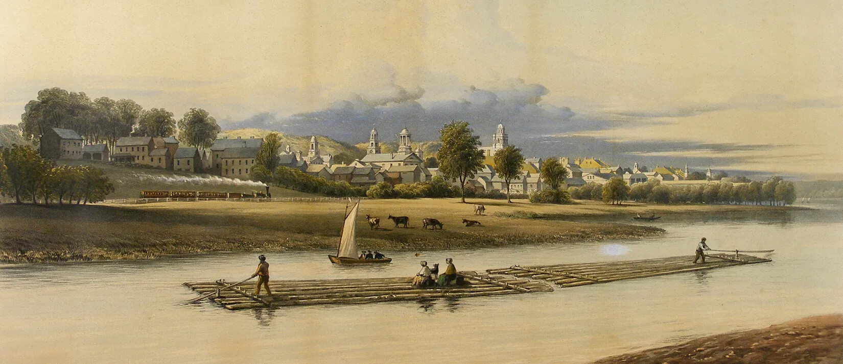 A colored painting of a body of water surrounded by green trees and grassy areas. Several cattle graze on the grassy areas facing the water. In the distance are several multi-storied buildings. A train with multiple passenger cars rides towards the buildings. A sailboat and two flat-bottomed rafts float on the body of water.