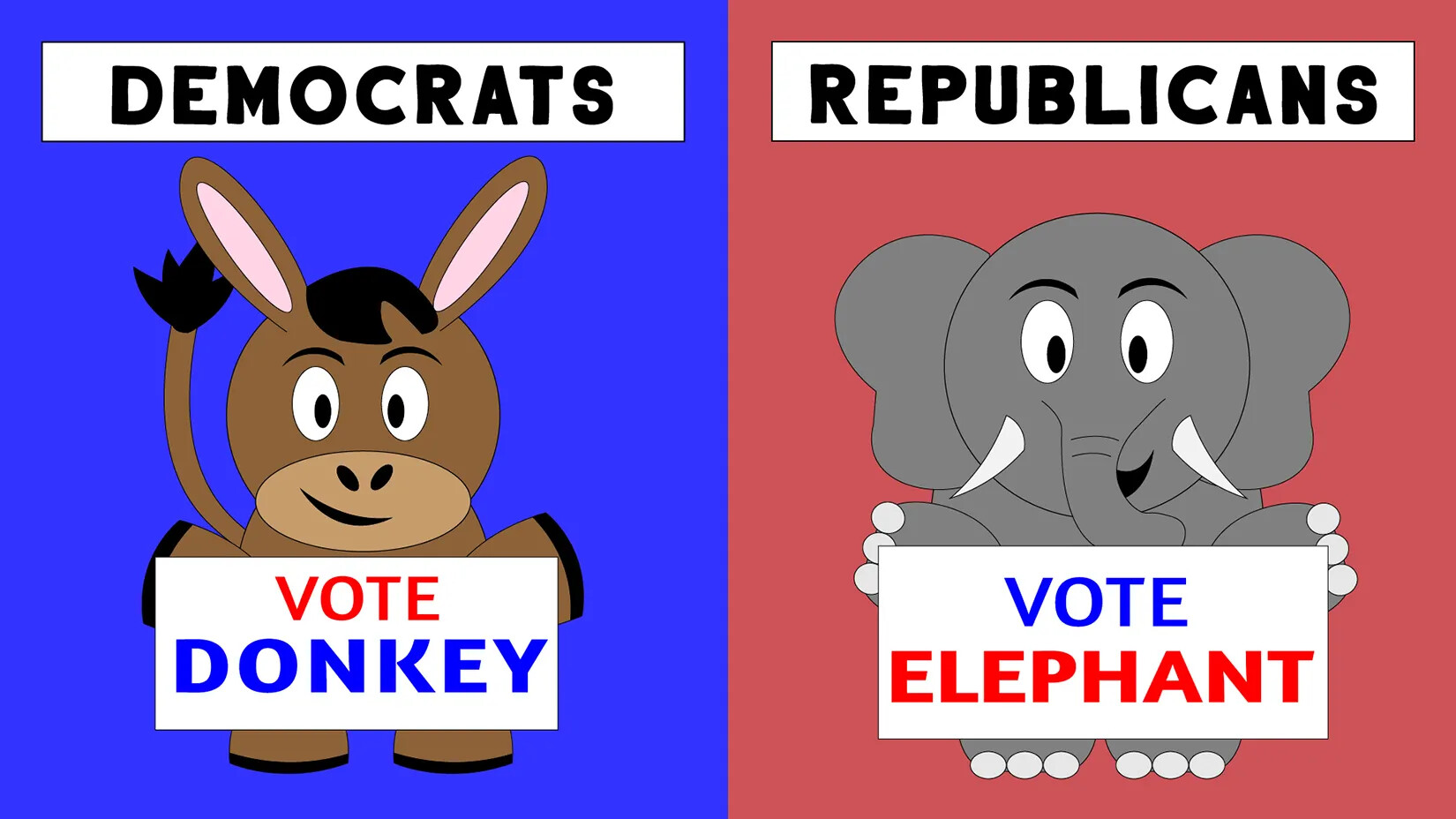 A colored cartoon drawing of a donkey and elephant holding signs. The donkey, standing on the left side of the image against a blue background under the title "DEMOCRATS," holds a sign that reads "VOTE/DONKEY." The elephant, standing on the right side of the image against a red background under the title "REPUBLICANS," holds a sign that reads "VOTE/ELEPHANT."