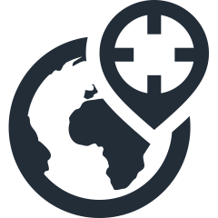 Globe with a location pin showing a target or crosshair symbol.