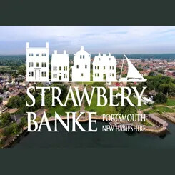 Strawbery Banke logo over aerial view of Portsmouth, New Hampshire.