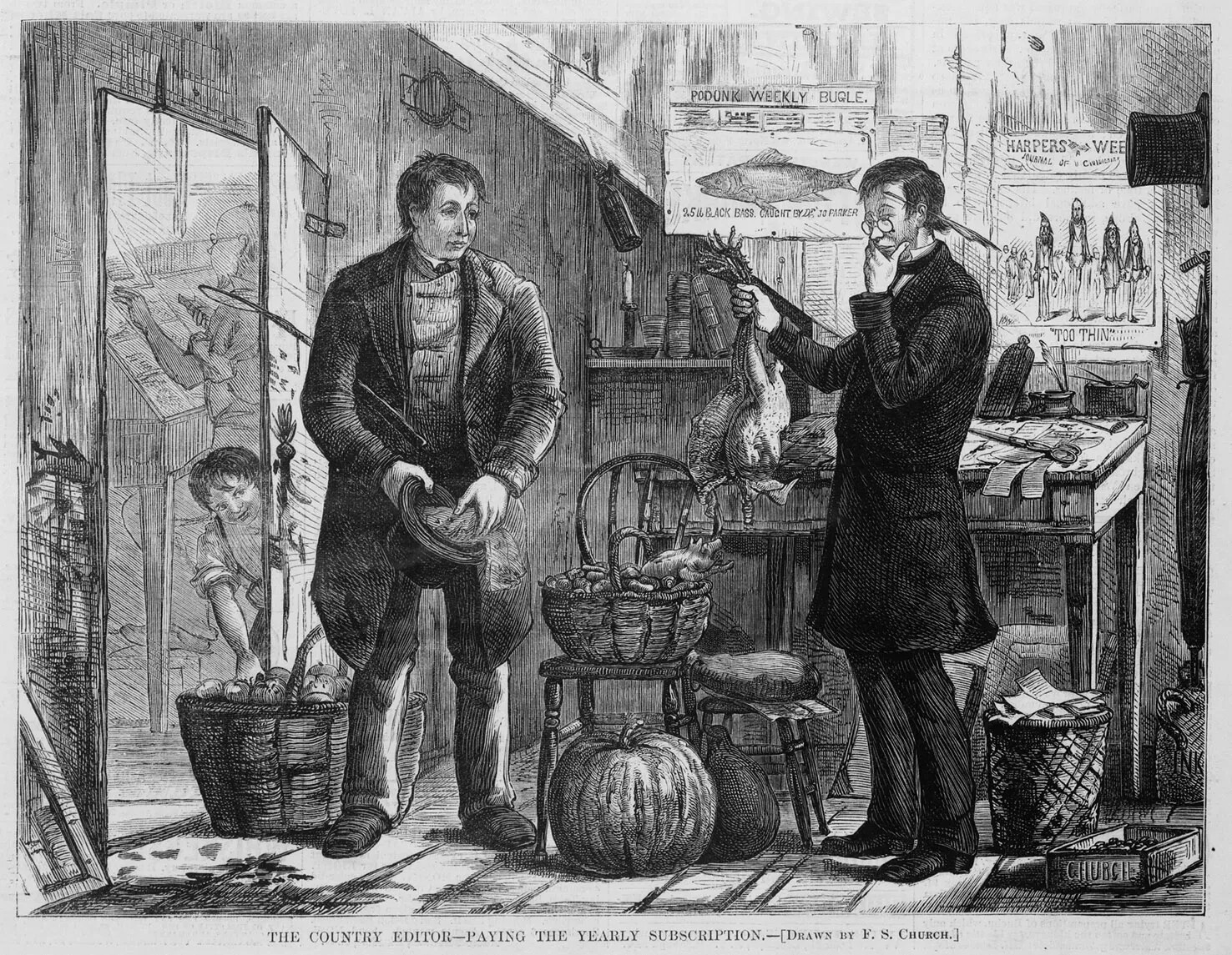 A black and white drawing of two men and a young boy standing inside a room. The men are surrounded by farm products, including pumpkins and baskets of potatoes and apples. The man on the right holds two dead chickens by their feet and the man on the left pulls several papers out of his top hat. The young boy is sneaking through the door on the left side of the drawing and pulls an apple out of a basket.