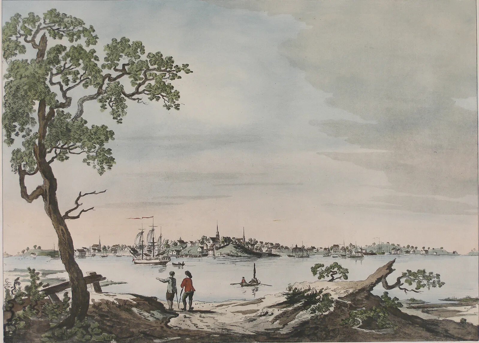 A colored painting of two men with their backs to the viewer, standing along the shore of a body of water. Across the water is an elevated piece of land, with several churches and houses. A tall ship and two rowboats float in the water.