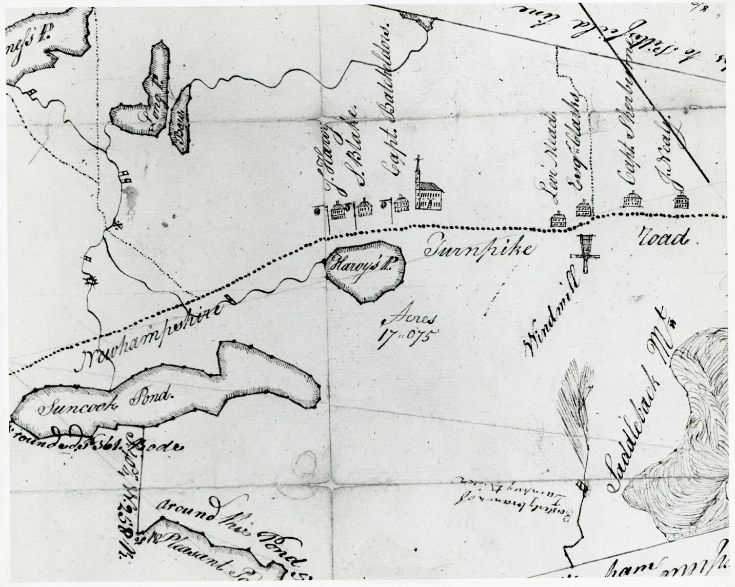 A close up of a black and white hand-drawn map shows a dotted line running horizontally through the page. Below the line are a few ponds as well as acres marked and other items of interest. Directly above the line sit seven small houses and a church. There are other rivers and ponds marked above the line. All items are labeled in cursive script. The line is labeled "Newhampshire Turnpike Road." Items are cut off on the edges of the map, indicating that the map is larger than the sample shown. 