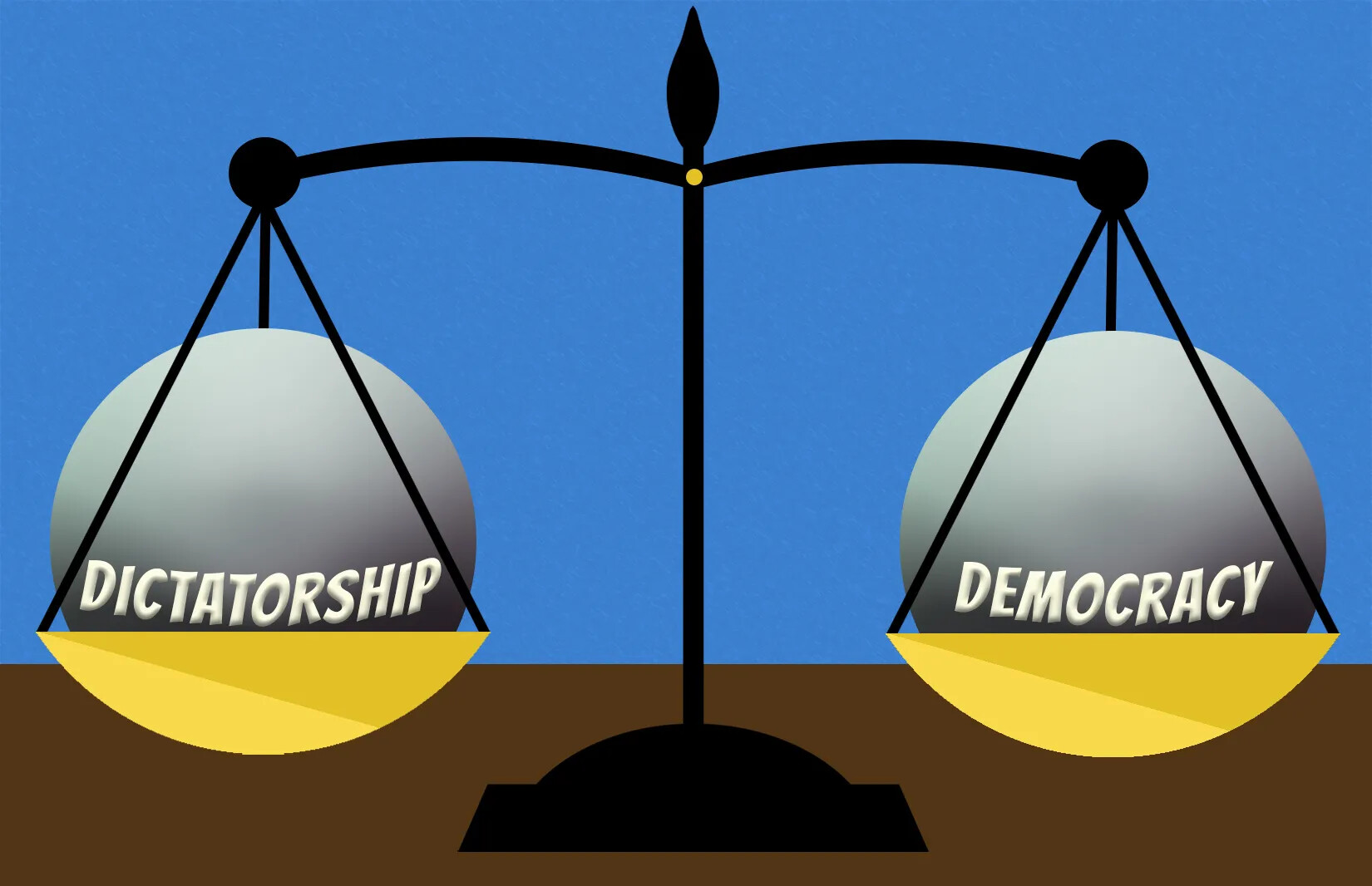 A colored cartoon drawing of a black scale with yellow bases against a blue background. The scale has a labeled gray ball with white text in each of the bases. The ball on the left side of the scale is labeled "DICTATORSHIP," and the ball on the right is labeled "DEMOCRACY."