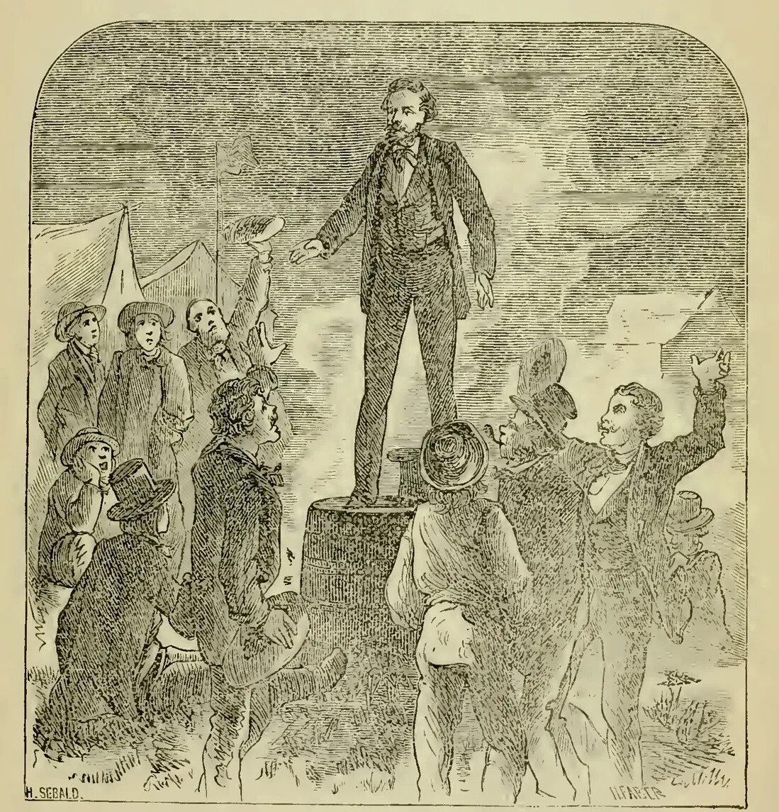 A black and white drawing of a group of men standing in a camp ground. They all stand and look at a man who stands on a large barrel.