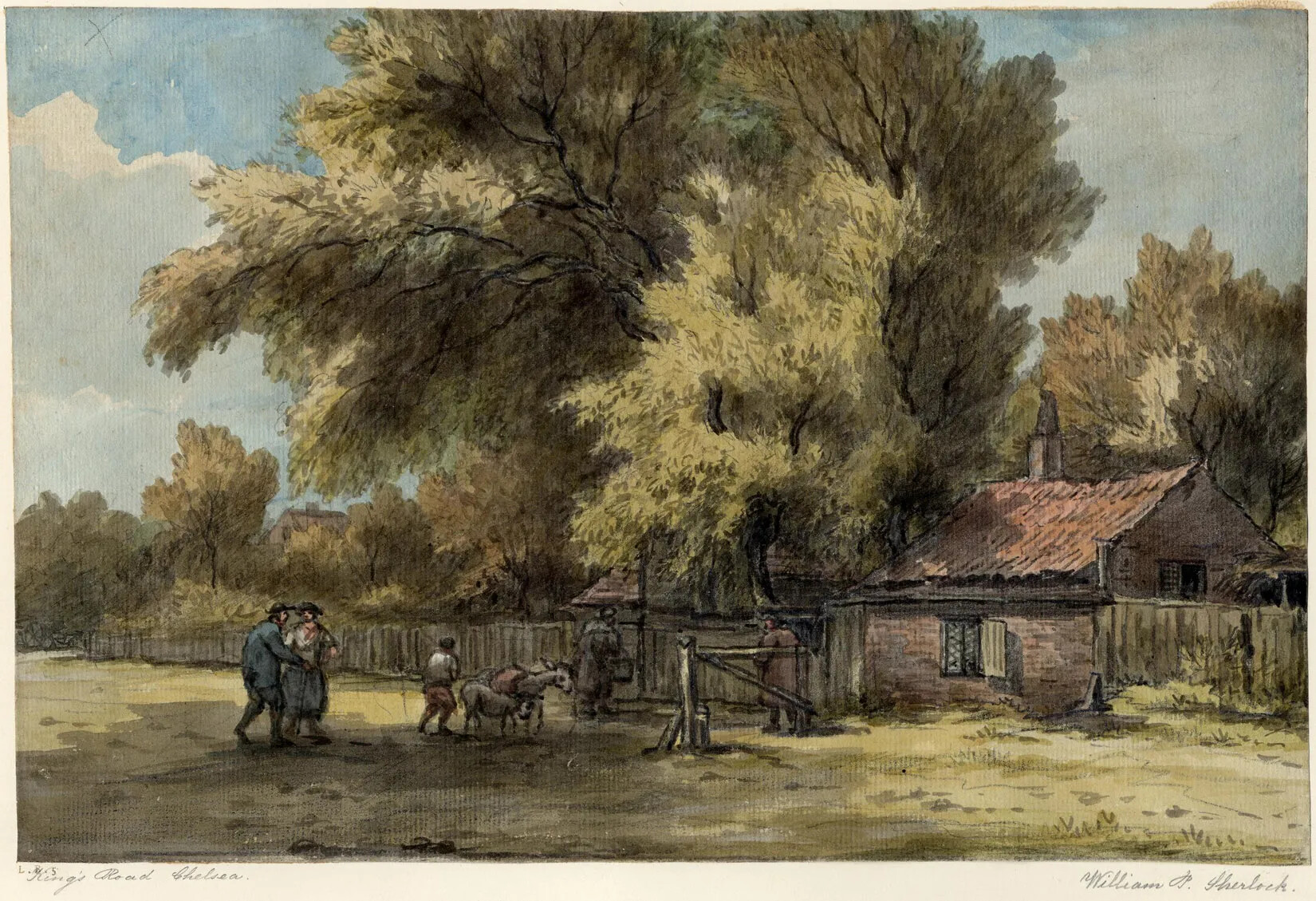 A colored painting of a small cottage in a wooded area, surrounded by a fence. In front of the cottage is a large grassy field. Five people walk in front of the fence in groups. One of the people walks along with a donkey and a sheep.