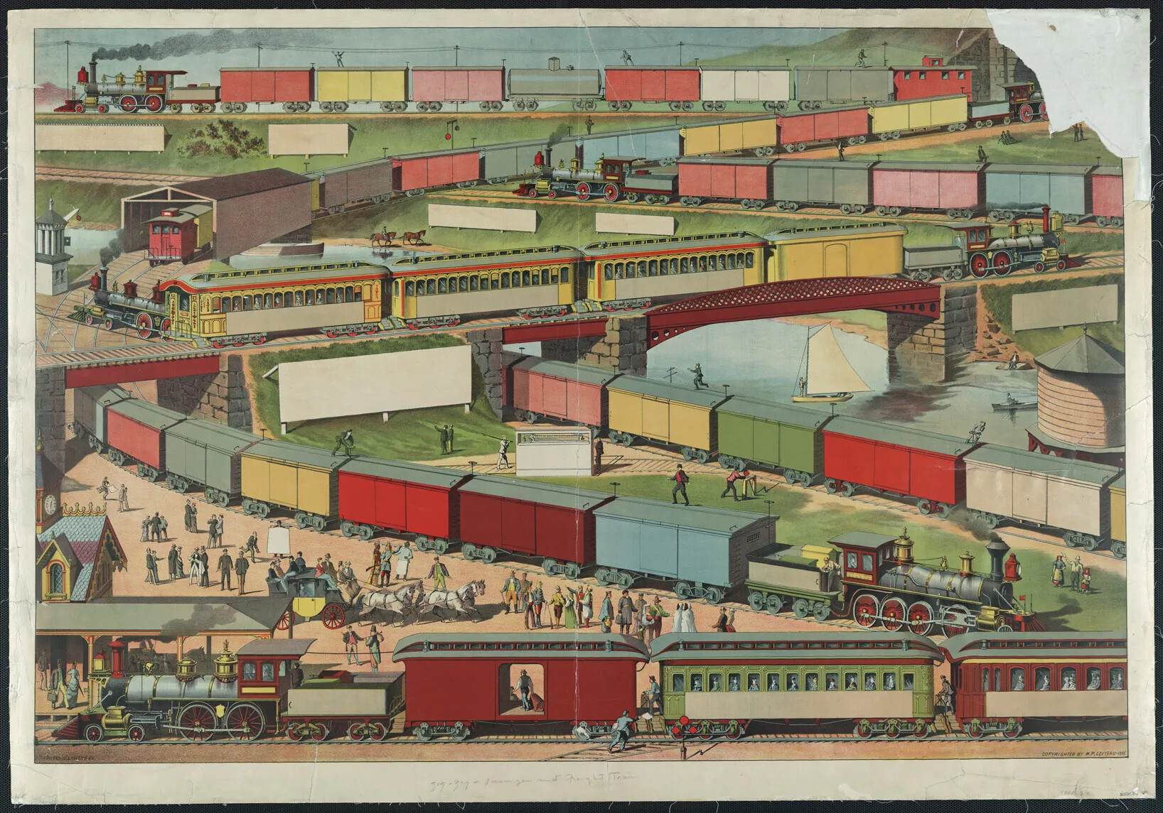 A colored drawing of several train engines pulling many multi-colored passenger and box train cars. The trains at the top and bottom of the drawing drive in a straight line, but the rest of the trains drive in curvy patterns.