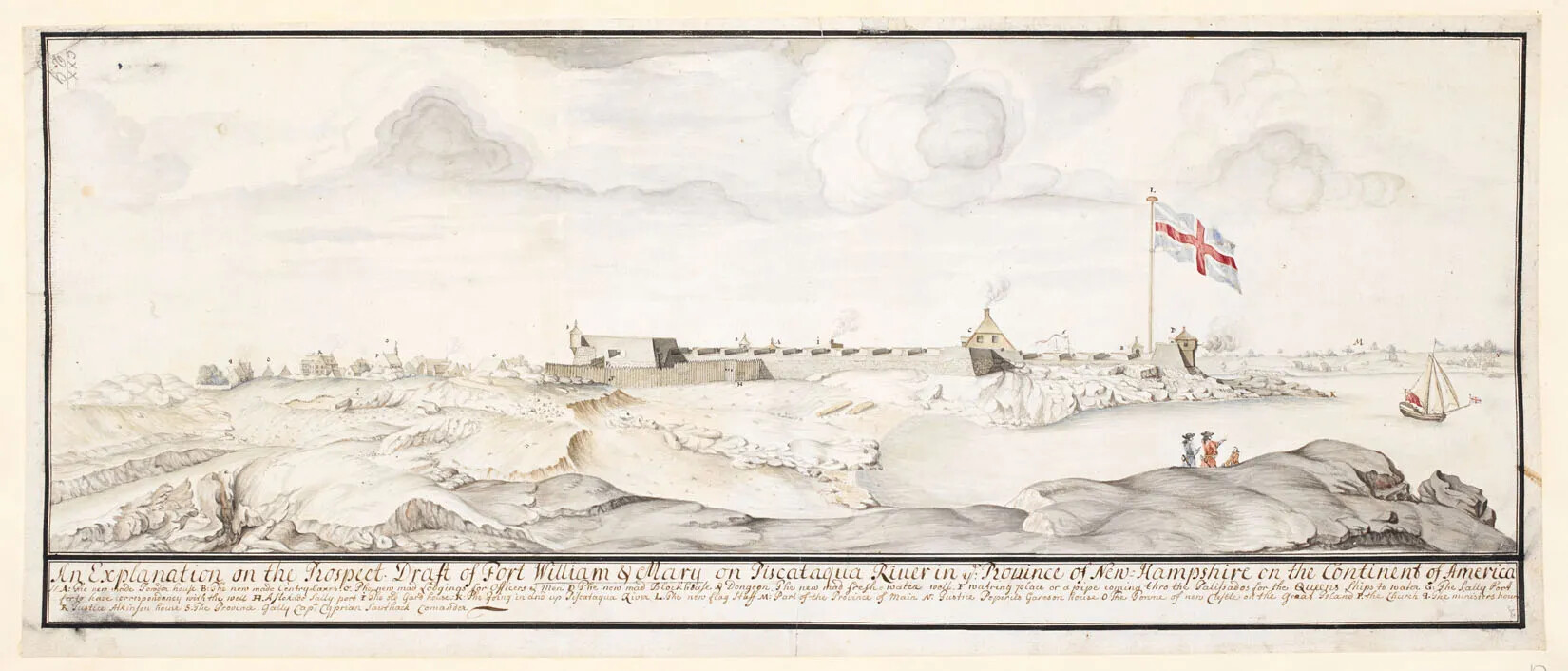 A watercolor painting of a large fort and several houses on a rocky landscape. In the right-hand side of the painting, a large blue flag with a red cross and white diagonal lines flies above the fort. To the right of the fort is a body of water with a sailboat in the right-most corner. To the left of the sailboat are three men, two in red uniforms and one in a blue uniform, walk along the rocky cliffs by the water. The words "An Explanation on the Prospect Draft of Fort William & Mary on Piscataqua River in (illegible) Province of New Hampshire on the Continent of America" are written along the bottom border of the painting in cursive handwriting in black ink. Beneath these words is more cursive handwriting in much smaller text.