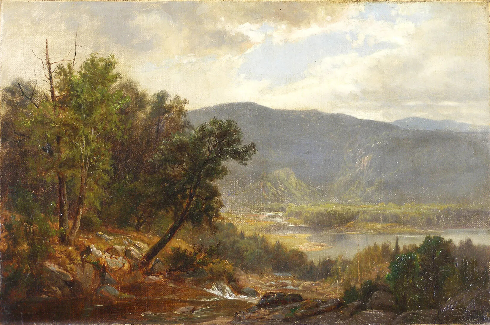 A colored painting of a forested landscape. Tall mountains can be seen in the distance of the painting, and there is a running stream that passes through the wooded landscape into a small body of water.