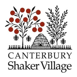 Logo of Canterbury Shaker Village with stylized trees, a domed building, and red berries.