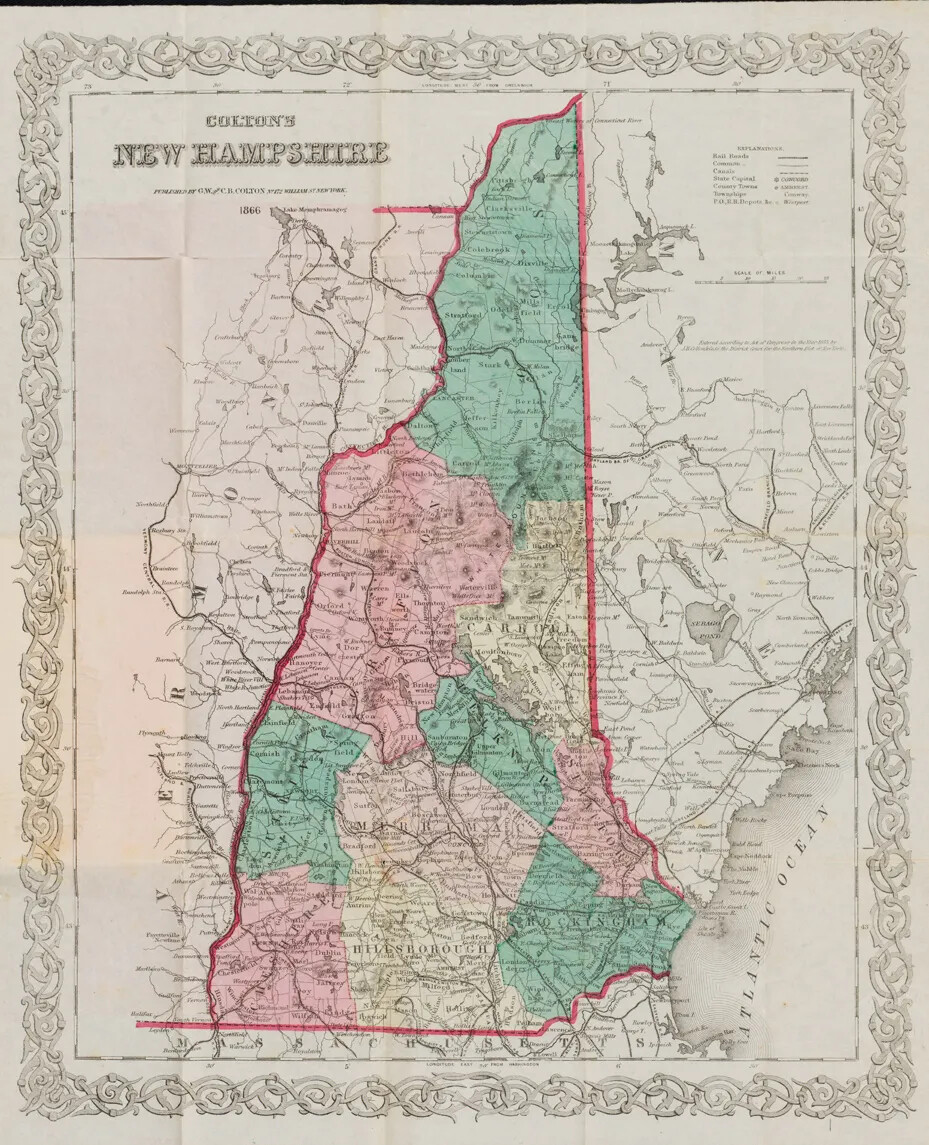 A colored vertical map of New Hampshire, outlined in red. Sections of the interior of New Hampshire are colored green, pink, and yellow. The title of the map, located in the upper left-hand corner, reads "COLTON"S/NEW HAMPSHIRE."