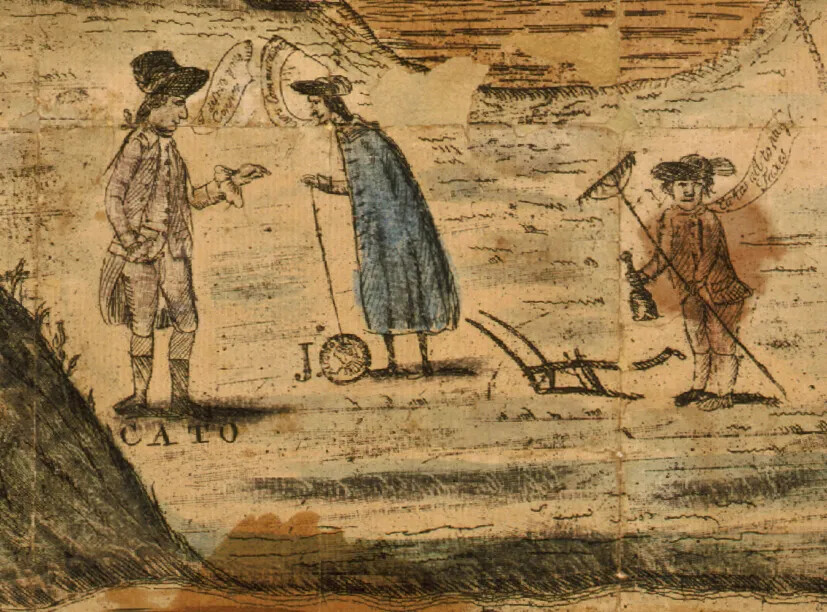 A colored drawing of three men, who all stand and look in different directions. All of the men wear tri-cornered hats, collared shirts with vests and long coats, knee-length pants, and buckled shoes. One of the men carries a rack and stands in front of a hand-held plow.