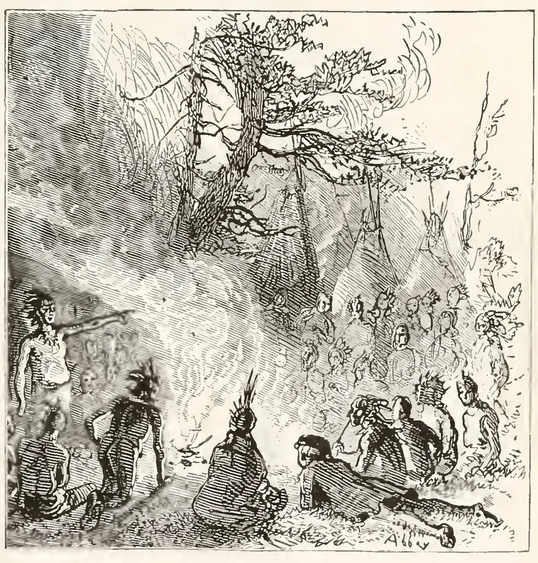 A black and white drawing of a group of people sitting and standing around a large fire. Triangular tents can be seen in the background.
