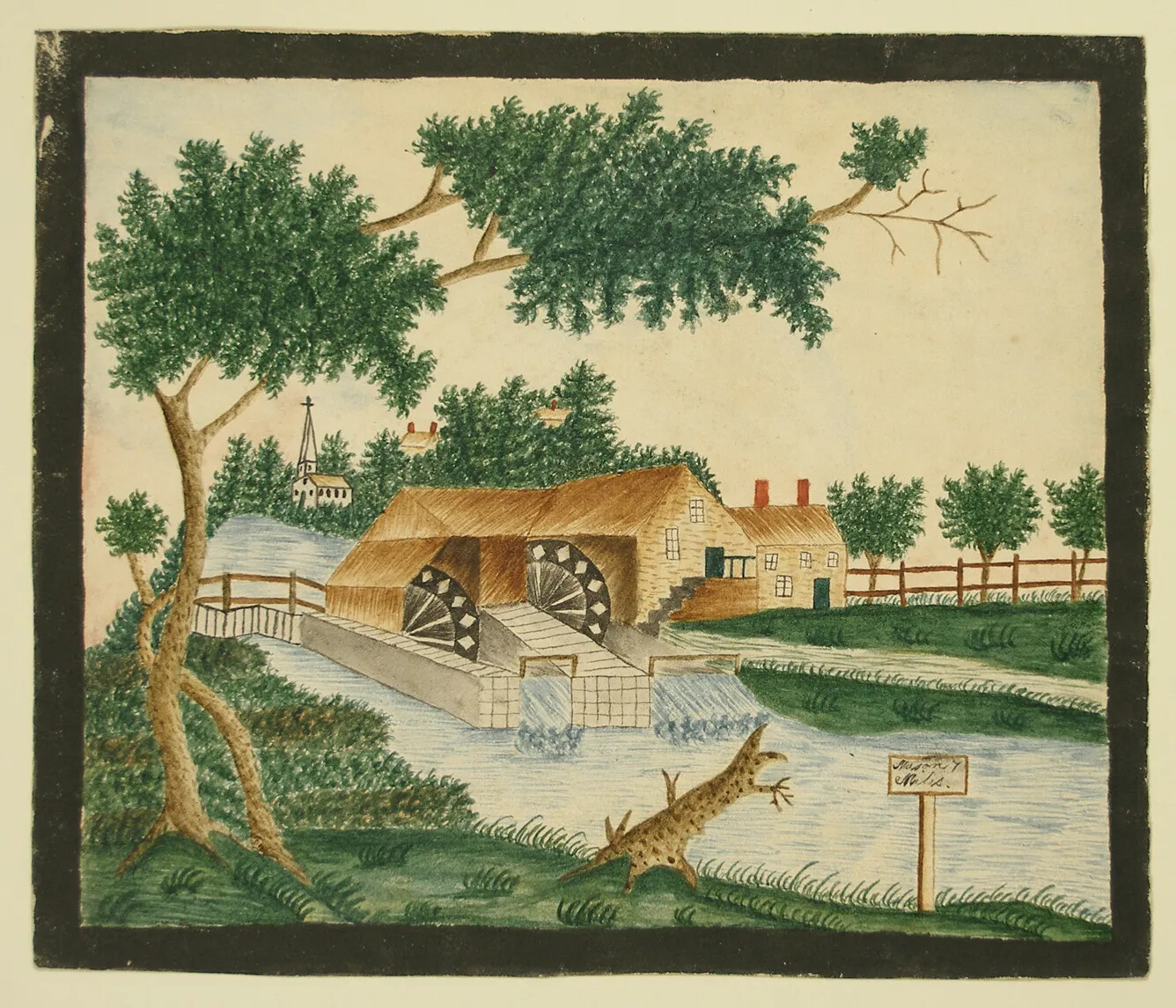 A colored drawing of a two-storied house on the banks of a river, with two large wheels attached to the back of it. Half of the wheels are submerged in the water, and two small waterfalls rush just beyond the wheels down into the river below. The banks on either side of the river have green grass and trees.