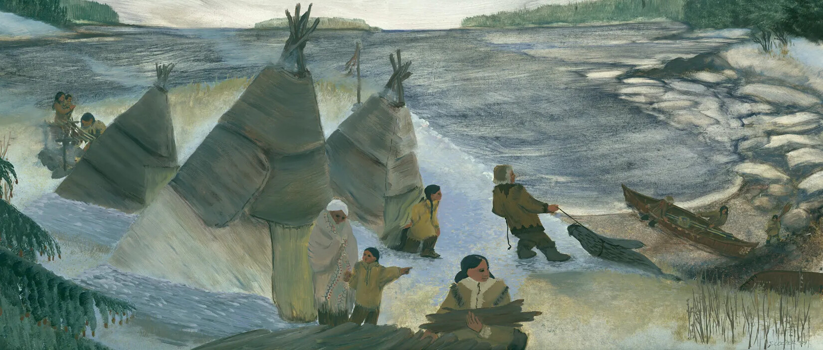 A colored drawing of a group of people in a snowy landscape. Towards the left side of the drawing are three triangular tents. Behind the tents is a small body of water. Towards the right side of the drawing, a man pulls a seal in from the water, while a group of people pull a canoe in from the water.