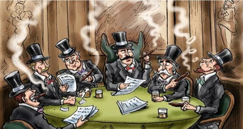 A colored drawing of a group of men sitting around a table. They are all drinking, smoking cigars, and looking at documents. They all wear white collared shirts, bow ties, suit jackets, and top hats.