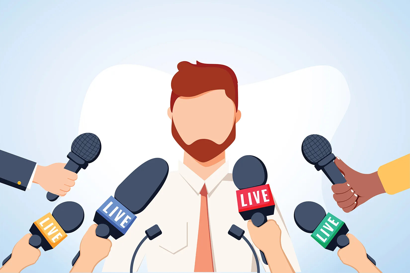 A colored cartoon drawing of a white man with red hair and a red mustache standing in front of several held-out microphones. He wears a collared shirt and an orange tie. Some of the microphones have the word "LIVE" printed on them.
