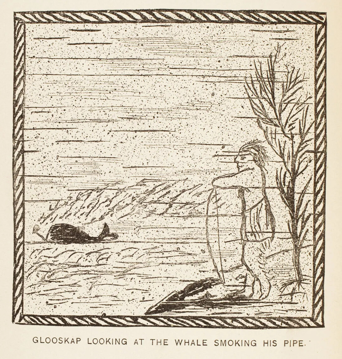 A carving of a man standing on a shore, watching a whale smoke a pipe in the distance. The title of the carving, placed along the bottom border of the carving, reads: "GLOOSKAP LOOKING AT THE WHALE SMOKING HIS PIPE."
