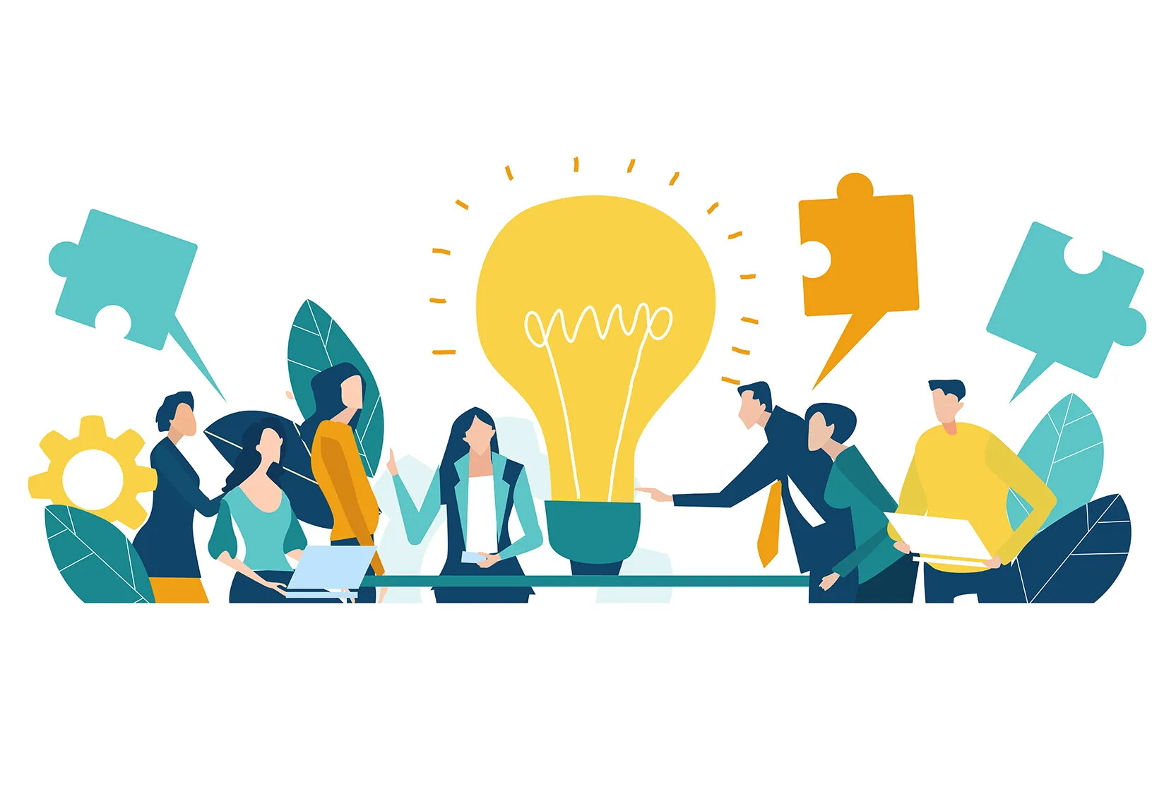 A colored cartoon drawing of a group of people standing and sitting around a table. Some of the people have speech bubbles next to their heads, though the bubbles are designed to look like puzzle pieces. Behind the table is a giant lit light bulb.