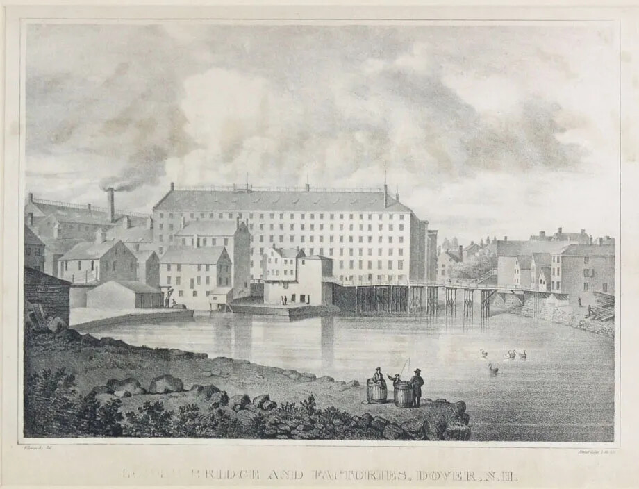 A black and white drawing of a cluster of multi-storied buildings sitting on the edge of a body of water. A group of ducks swim in the water and three men fish from the shore in the forefront of the drawing. 