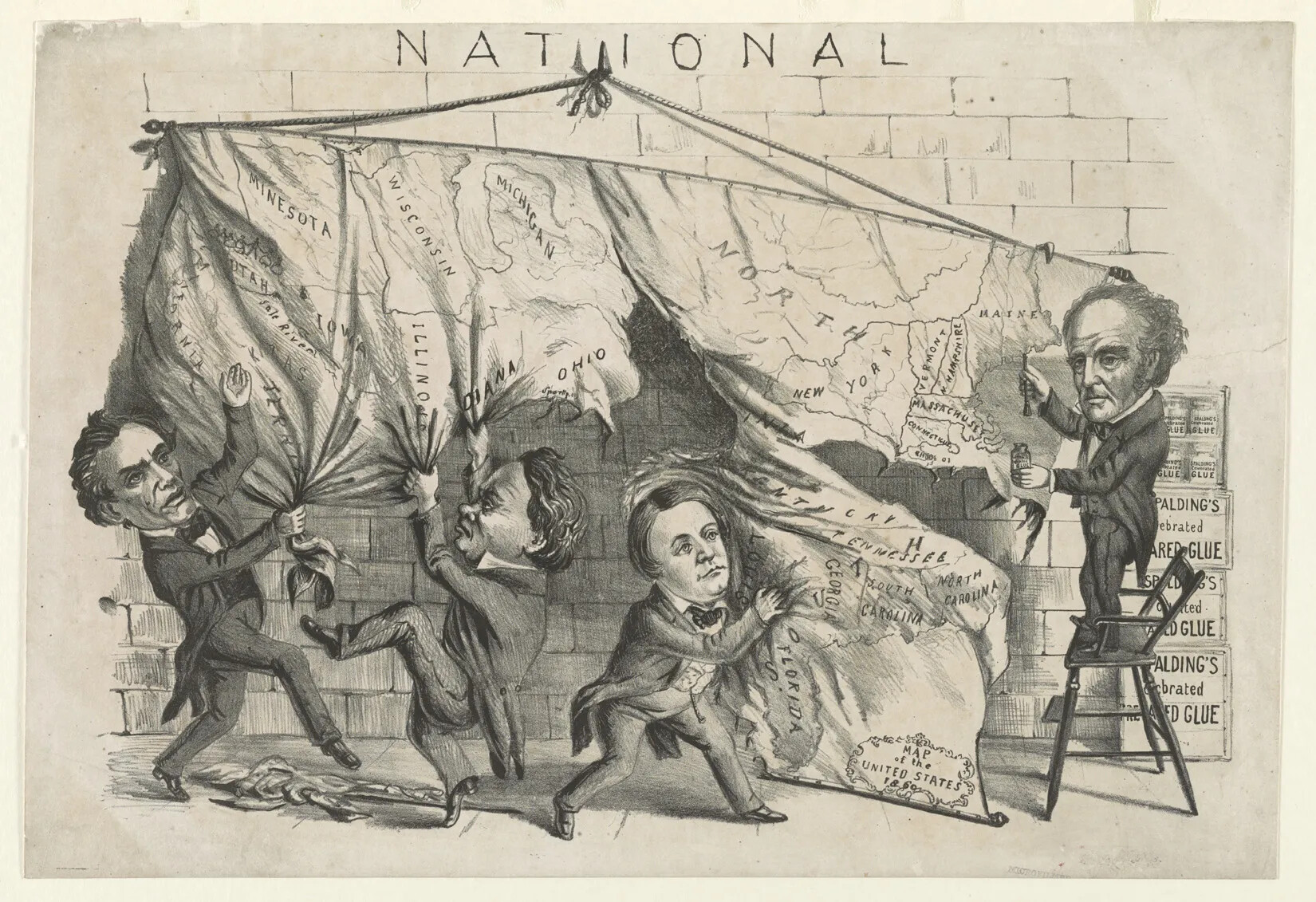 A black and white illustration of a group of four men ripping apart a map of the United States. All of the men wear collared shirts, neckties, vests, jackets, pants, and pointed shoes.
