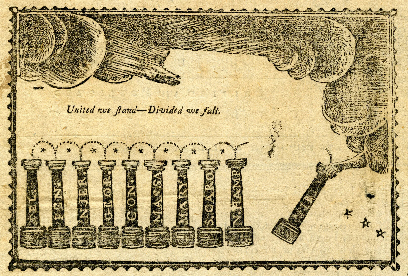 A black and white drawing of a group of nine pillars standing in a row, all connected by curved dotted lines. The pillars are labeled, from left to right: "DEL.," "PEN.," "NJER.," "GEOR.," "CON.," " MASSA," MARY.," " S. CARO," and "N. HAMP." A tenth pillar, labeled "VIRG." is pulled away from the group by a hand descending from a collection of clouds gathering in the drawing's middle right corner. The title of the drawing, located centered on the drawing's left side, reads "United we stand - Divided we fall."