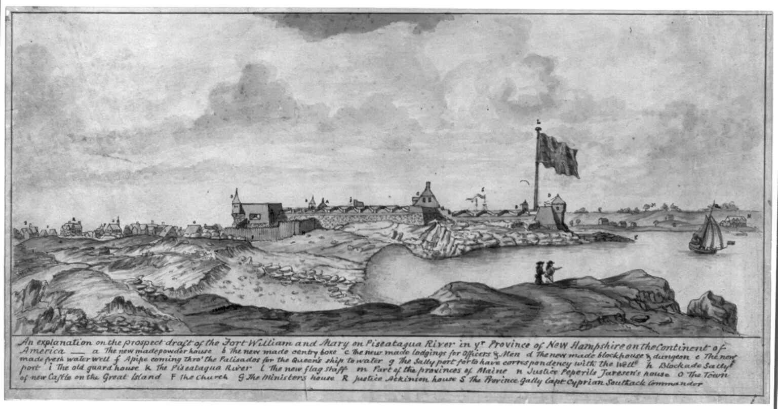 A black and white drawing shows a view of a landscape. A river enters from the right side, and land surrounds it in a bay. There is a large sailboat on the river. In the center is a series of buildings with some towers connected by walls. There is a large flag hanging over the right side of the walls. A village is further away on the left side. Two figures stand on rocks in the foreground. At the bottom is script writing  identifying various features in the drawing. 