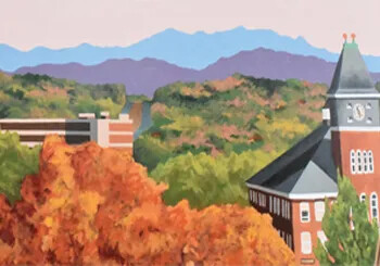 Illustration of a brick clock tower and campus buildings surrounded by autumn trees, with the White Mountains in the background.