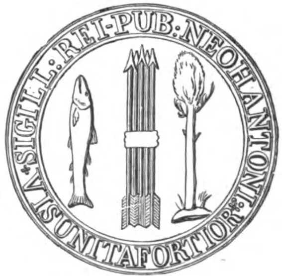 A black and white drawing of three images - a fish, a bundled collection of arrows, and a tree - in a circle surrounded by words written in another language - other than English - along the border.