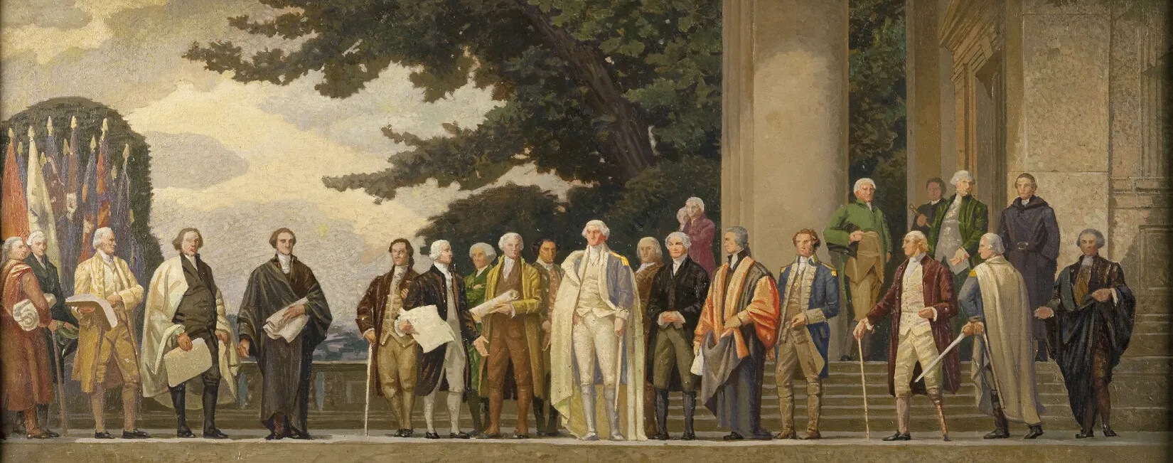 A colored painting of a group of white men standing on a set of stairs, looking at a man with white hair, dressed in a blue coat, white cloack, and white knee-length pants with tall white boots. He stands in the center of the painting. The other men in the painting all wear different colored coats or capes, vests, knee-length pants, and black shoes, and carry either canes or documents.