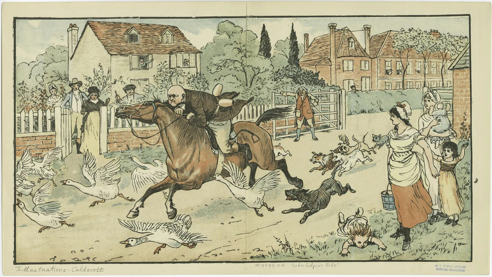 A colored drawing of a bald white man riding a brown horse down a road lined with multi-storied houses. The man leans forward on his horse, making it look like he is riding fast. In front of the horse on the road are white geese running and flying away from the horse. To the sides and back of the horse are several dogs chasing after the horse. Groups of men, women, and children watch the scene from the sides of the road.