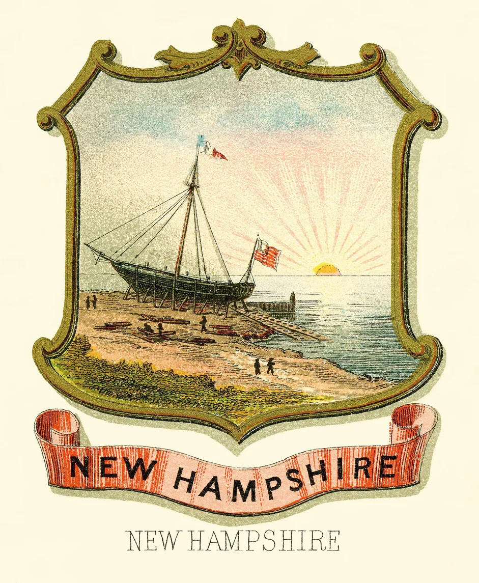 A colored drawing of a single-masted ship propped up by wooden stilts on a sandy piece of land, next to a body of water. A raised American flag flies from the ship's back. Several people stand around the ship on the sand. In the background, the sun is seen rising from the body of water. The words "NEW HAMPSHIRE" are typed in black text on a red scrolled ribbon. Underneath the ribbon are the words "NEW HAMPSHIRE" printed again, but in a thinner font than the ribbon text.