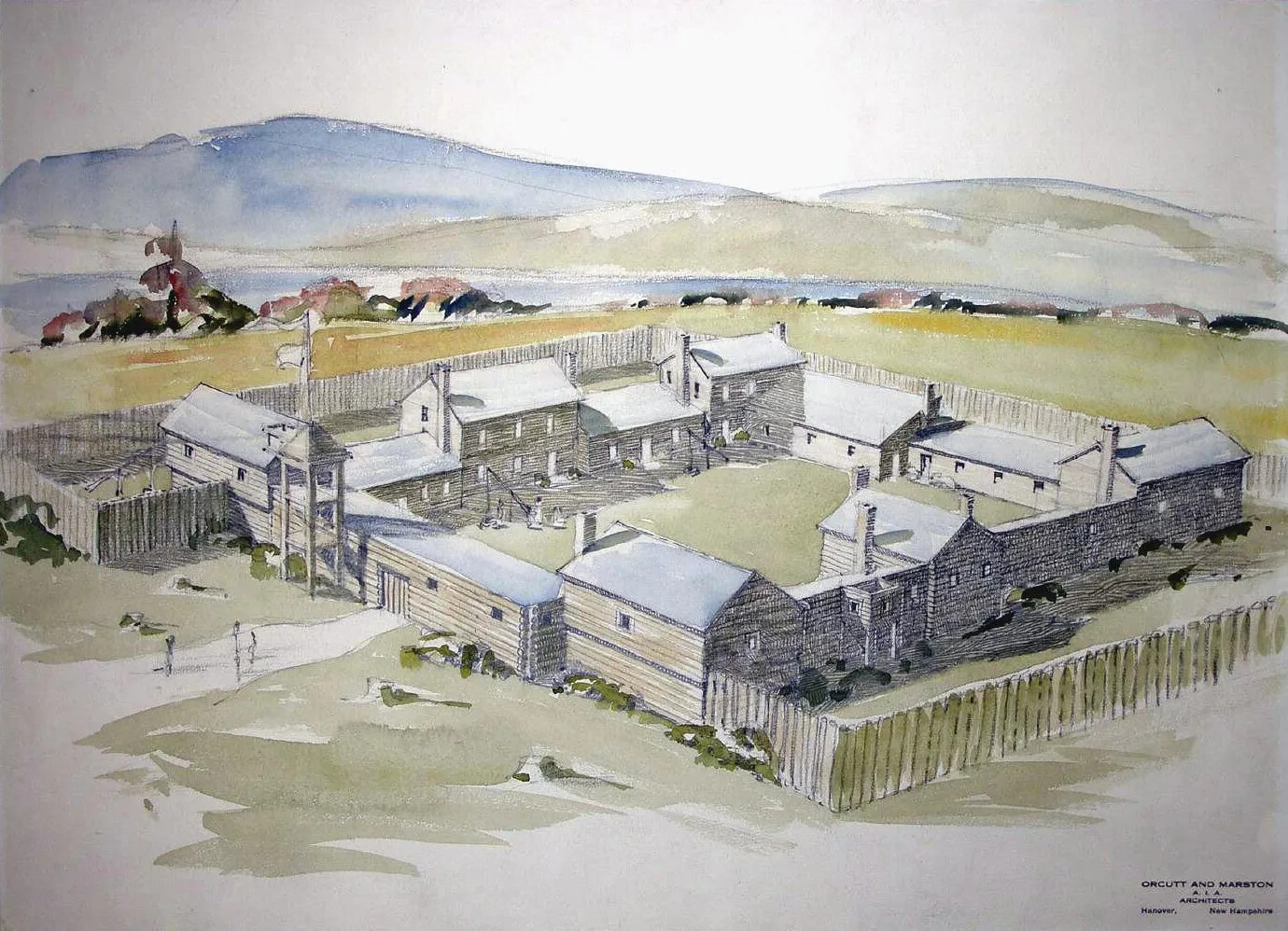 A colored painting of a group of multi-storied houses facing each other across a green field. The houses and field are bordered by tall fence posts.