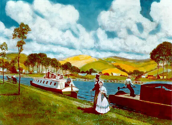 A colored painting of a body of water surrounded by flat grassy lands, trees, and rounded hills. A man and woman walk along a grassy path next to the body of water. The man wears a black suit with a top hat and a cane, and the woman wears a long white and blue dress. Floating on the water, near the shore, are two boats. 